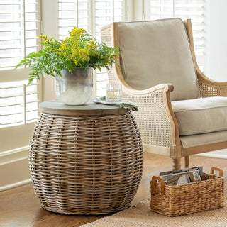 Rattan Side Table Wood Top - dolly mama boutique