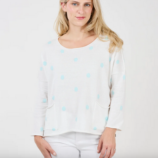 Ivie Pullover - White & Aqua Dots - dolly mama boutique