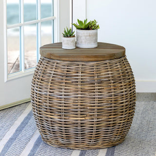 Rattan Side Table Wood Top - dolly mama boutique