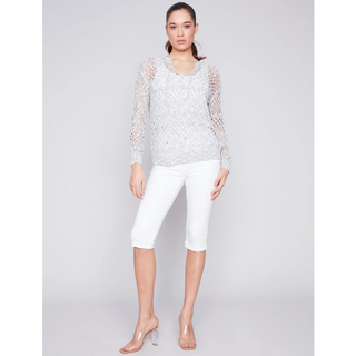 Long-Sleeve Crochet Top with Tie - dolly mama boutique
