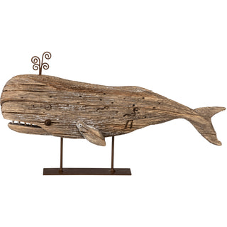 Wooden whale on metal stand detail