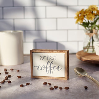 But First Coffee mini box sign shown for scale