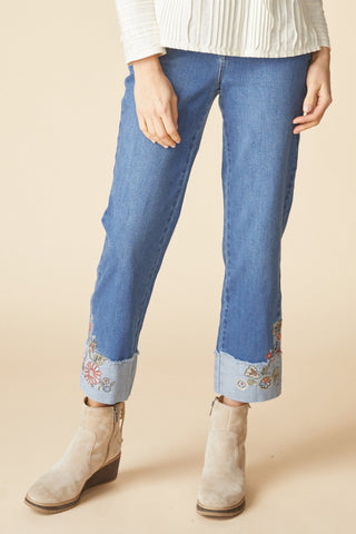Habitat Stretch Denim Embroidered Cuff Jean in Medium Blue, front view