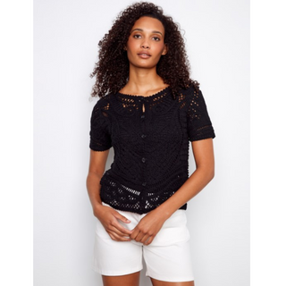 Short-Sleeve Crochet Sweater with Buttoned Back - dolly mama boutique