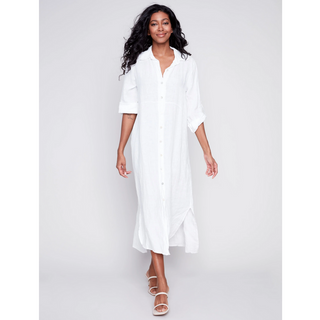 Linen Roll-Sleeve Button-Up Dress - dolly mama boutique