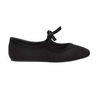 A single black ballet flat shoe with a small bow on the side, shown in profile against a white background with a light gray border.