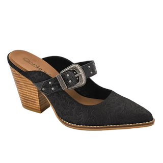 A single black pointed-toe mule sandal with a textured floral pattern, a brown wood-look stacked block heel, and a wide strap with a silver buckle, shown on a white background.