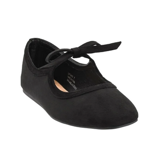 A single black ballet flat shoe with a pointed toe and a tied bow across the instep, shown against a plain white background.