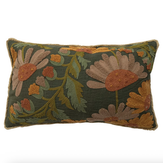 Embroidered Pillow with Fringe - Green
