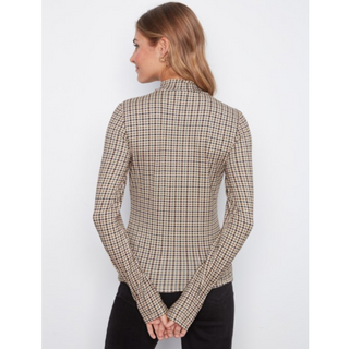 A woman shown from the back wearing a fitted long-sleeve mock-neck top with a beige, brown, and black checkered pattern, paired with black pants, against a plain light gray background.