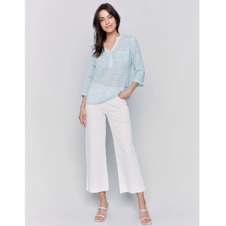 Printed Roll-Sleeve Gauze Blouse