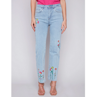 Floral Embroidered Denim Pant - dolly mama boutique