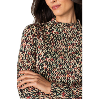 Patterned Mock-Neck Top with Shirring