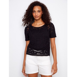 Short-Sleeve Crochet Sweater with Buttoned Back - dolly mama boutique