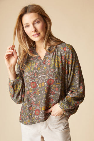 Habitat Garden Floral Crepe Blouse in Olive, front view