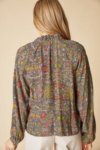 Habitat Garden Floral Crepe Blouse in Olive, back view