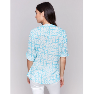 Printed Roll-Sleeve Gauze Blouse