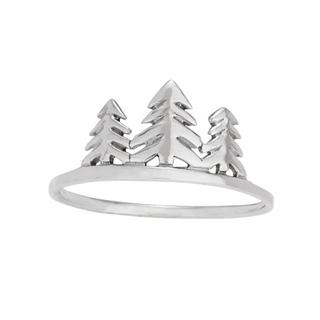 Silver ring with three tree designs on a white background
