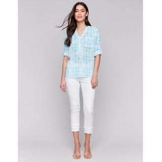 Printed Roll-Sleeve Gauze Blouse