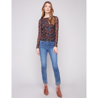 Floral Mesh Top with Gathered Sides - dolly mama boutique