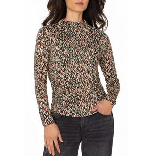 Patterned Mock-Neck Top with Shirring