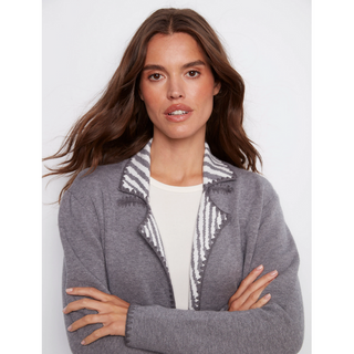 Jacquard Cardigan with Stitch Trim
