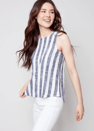 Side-Button Striped Sleeveless Top