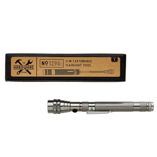 A 2-in-1 extendable flashlight tool by The Hardware Store, shown below its black and tan cardboard packaging box on a plain white background.