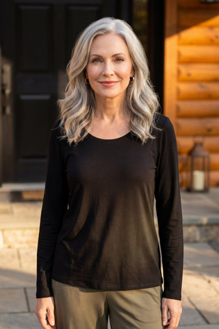 Habitat Travel Knit Long Sleeve Tee in Black, front view