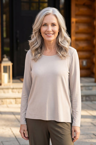 Habitat Travel Knit Long Sleeve Tee in Dove, front view