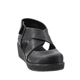 A single black leather wedge sandal with crisscrossing straps and a thick textured wedge heel, shown from a three-quarters angle on a white background with a light gray shadow.