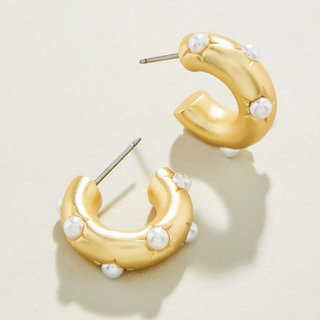 Gold Pearl Chubby Hoop Earrings