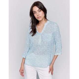 Printed Roll-Sleeve Gauze Blouse