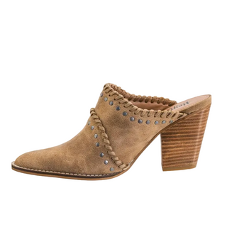 A light brown suede mule bootie with a stacked wood-look block heel, braided trim, and silver-tone studs, shown against a plain white background.