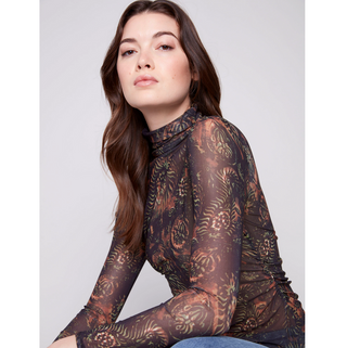 Print Mesh Top with Shirred Sides