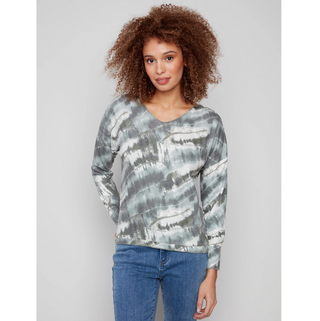 Printed V-Neck Top with Drop Shoulder