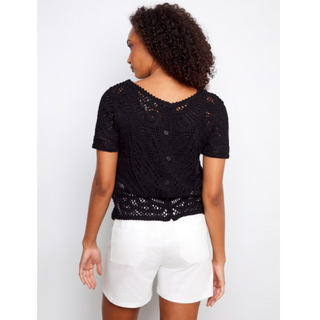 Short-Sleeve Crochet Sweater with Buttoned Back - dolly mama boutique