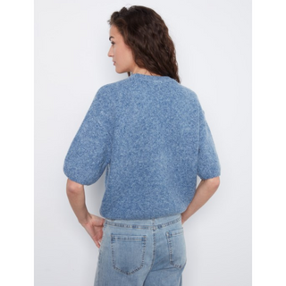 A woman shown from the back wearing a textured, heathered blue short-sleeve knit top and light-wash blue jeans against a plain white background.