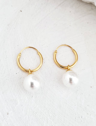 Gold Pearl Huggie Hoops - view 2