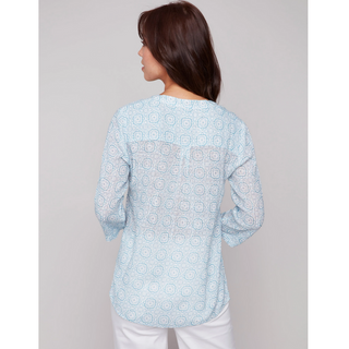 Printed Roll-Sleeve Gauze Blouse