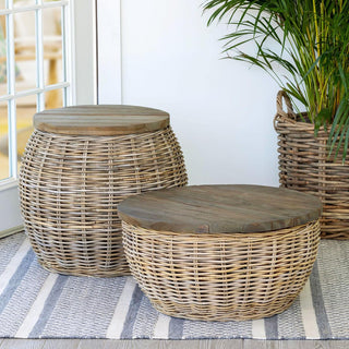 Rattan Side Table Wood Top