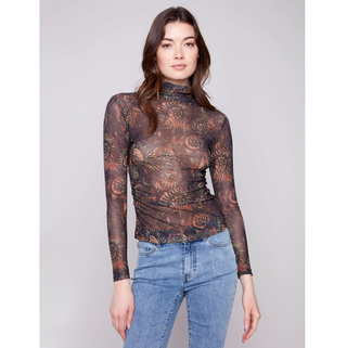 Print Mesh Top with Shirred Sides