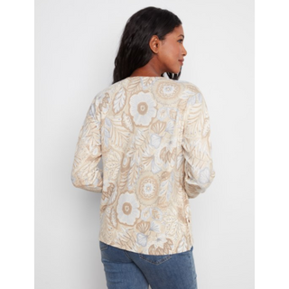 A woman shown from the back wearing a cream-colored long-sleeve sweater with a beige and white floral pattern, paired with blue jeans, against a plain light gray background.