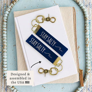 Rustic Marlin Stay Salty strap keychain, angled view