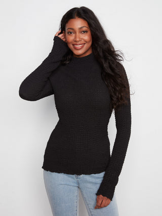 Lettuce Edge Textured Mock Neck Top by Charlie B in Black