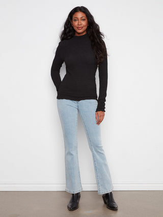 Lettuce Edge Textured Mock Neck Top by Charlie B in Black - view 2
