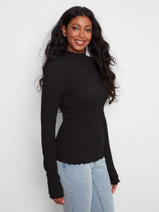 Lettuce Edge Textured Mock Neck Top by Charlie B in Black - view 3