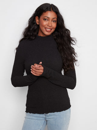 Lettuce Edge Textured Mock Neck Top by Charlie B in Black - view 5