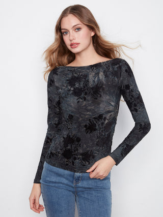 Flocked Floral Boatneck Top with Side Ruching by Charlie B in Midnight