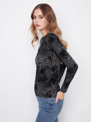 Flocked Floral Boatneck Top with Side Ruching by Charlie B in Midnight - view 2